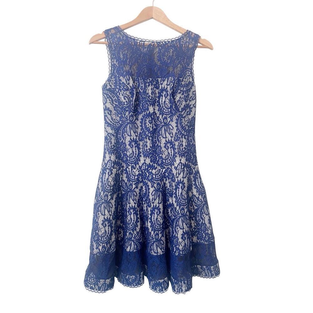 Tadashi Shoji Blue Deep Lagoon Corded Lace‎ Spacer Mesh Fit and Flare Dress XS